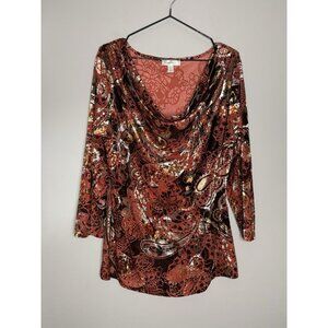 Dressbarn Y2K 90 Velvet Burnout Top 3/4 Sleeve Red Paisley Cowl Neck XL Romantic